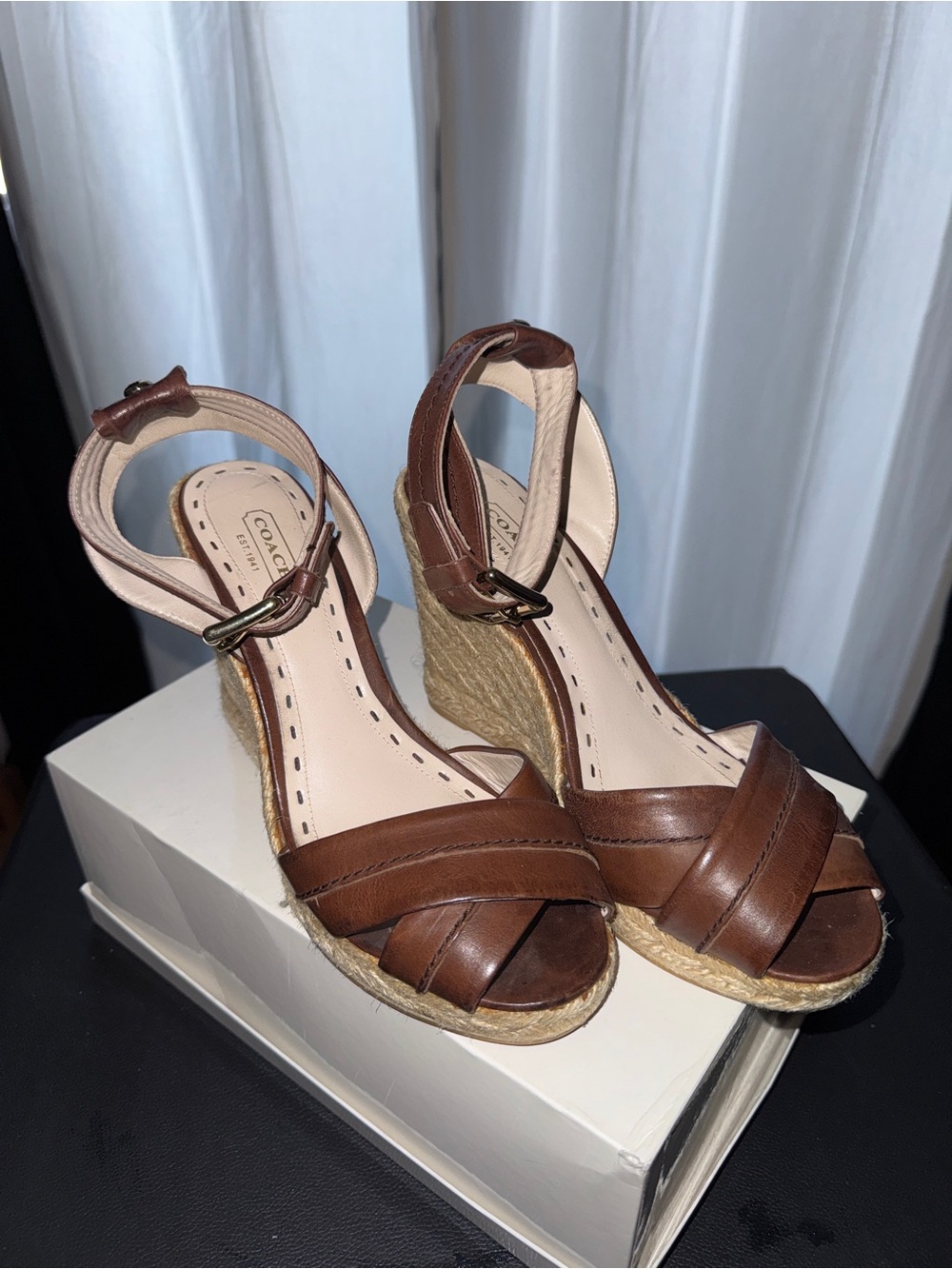 Coach Brown Leather Espadrille Wedge Sandals with Ankle Strap